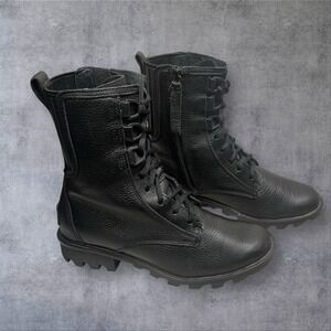 Sorel Phoenix Black Pebbled Leather Combat Boots Womens 8 Lace Up Waterproof